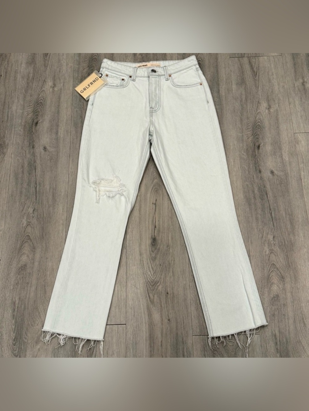 GRLFRND The Karolina Pale Blue Distressed Denim High Rise Straight Crop Jeans